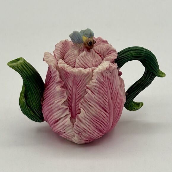 Vintage Miniature Pink Parrot Tulip Teapot With Bee 3D Lid  2” - Picture 1 of 8